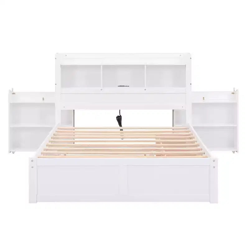 Letto matrimoniale con contenitore, rotelle estraibili, testiera libreria e stazione di ricarica, struttura letto in legno matrimoniale con mensole e cassetti
