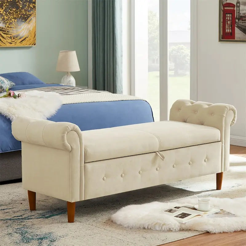 Panca contenitore per camera da letto, fondo letto, con braccioli arrotolati, in velluto, divano ottomana, panca lunga
