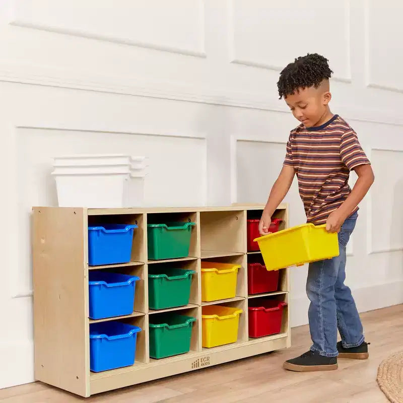 Mobile Cubby con vassoio e 15 contenitori frontali a paletta, 3x4, Arredamento per bambini