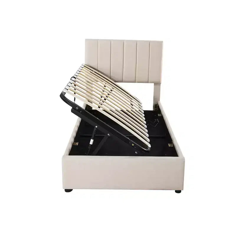 Bellemave Letto Matrimoniale Singolo con Contenitore a Sollevamento, Letto a Piattaforma Imbottito con Sistema di Contenitore Idraulico, Testiera a Strisce Verticali, Beige