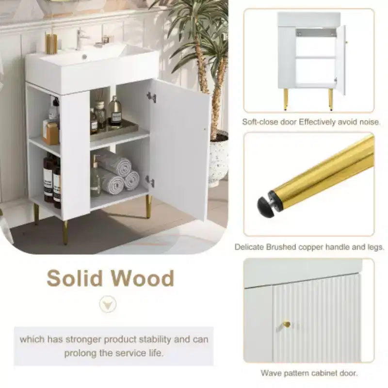 21.6 Mobile da bagno bianco, Mobile combinato, Armadietto contenitore per bagno, Lavabo singolo in ceramica, Vano contenitore a sinistra
