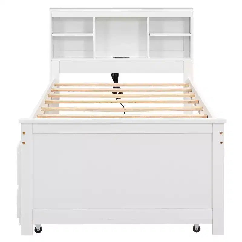 Letto a piattaforma con letto estraibile e cassetti, Letto a piattaforma contenitore con USB, Letto a piattaforma in legno con libreria