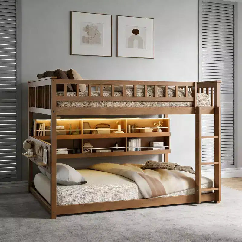 Luxystar Letto a castello moderno a due piazze con contenitore, mensole illuminate e pannello forato