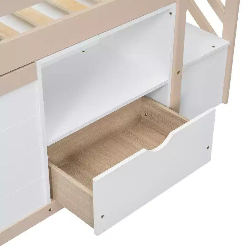 Letto a soppalco basso in legno massiccio, piazza e mezza, 94.6L x 42.3W, con scala, cassetto e mensola, design moderno e pulito