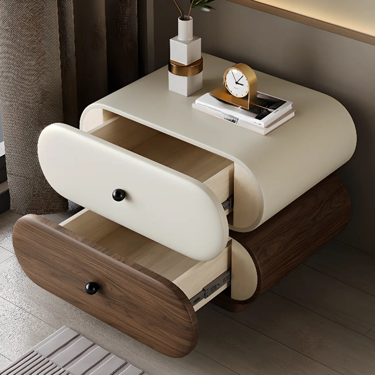 Comodino moderno bicolore con cassetti contenitori