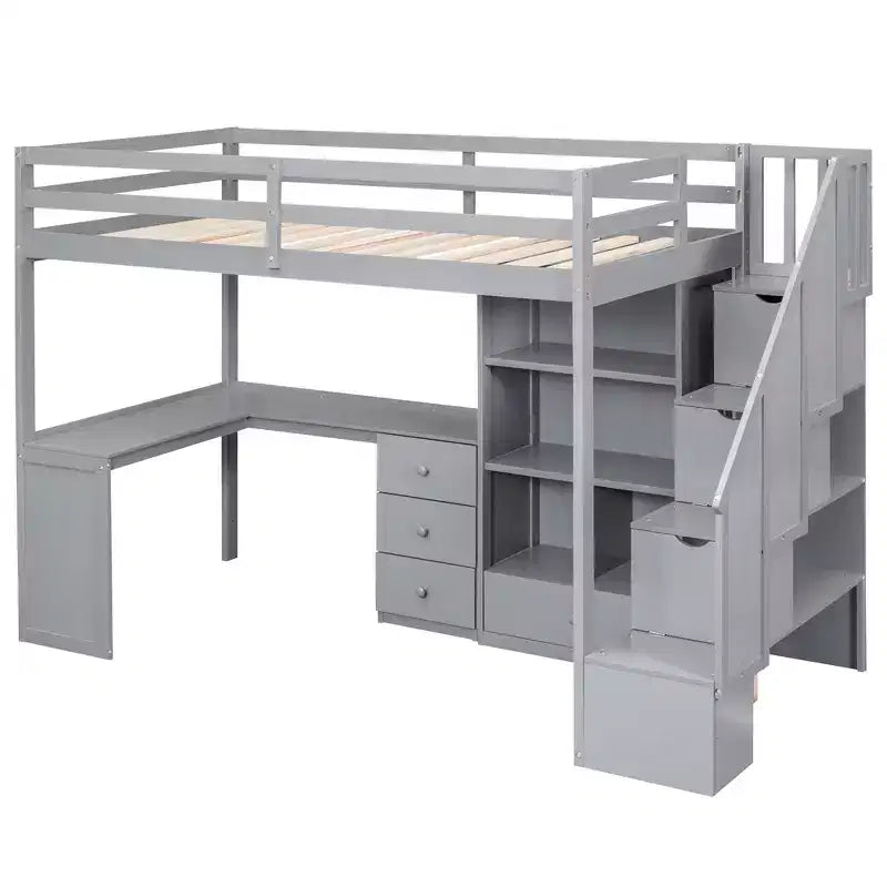Letto a soppalco singolo con scrivania a L, 3 cassetti, armadio, contenitore per scale, struttura in pino massiccio/MDF