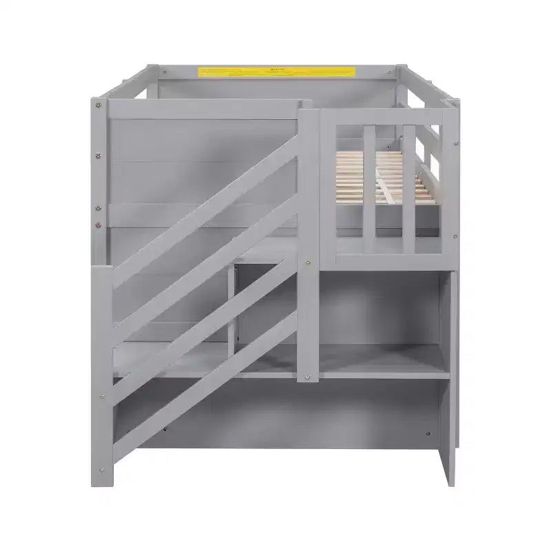Letto a soppalco basso in legno massiccio, piazza e mezza, 94.6L x 42.3W, con scala, cassetto e mensola, design moderno e pulito