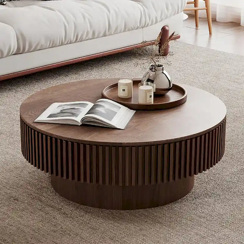 Tavolino rotondo moderno in legno massello impiallacciato con contenitore