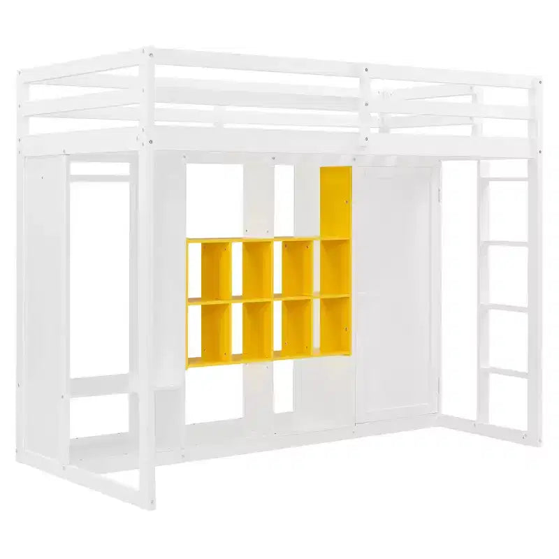 Letto a soppalco per bambini con armadio e mensole, Struttura in legno per letto a soppalco con mobiletto contenitore per bambini e ragazzi
