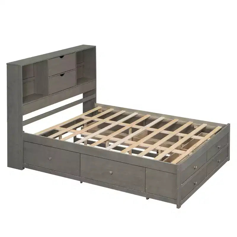 Letto a piattaforma Queen Size con ripiano portaoggetti e 8 cassetti, facile da montare