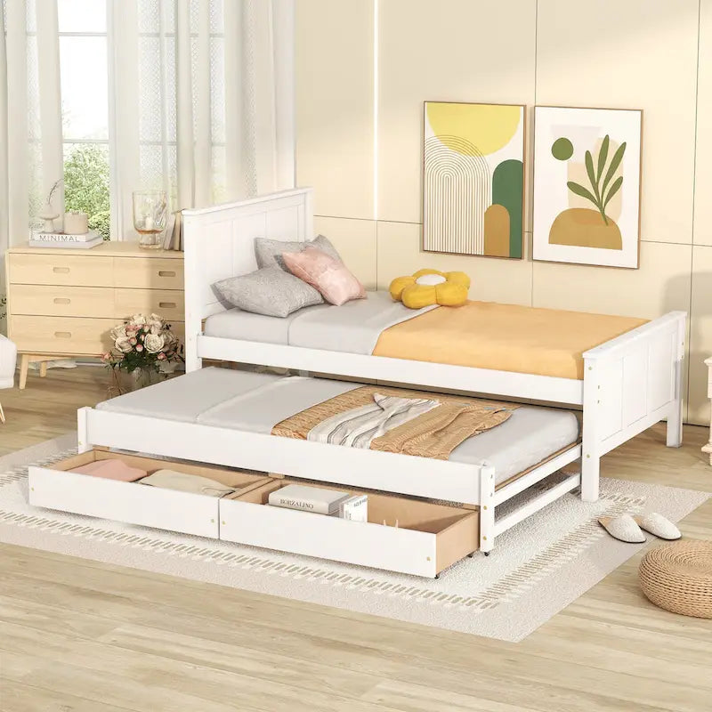 Letto a Piattaforma in Legno Massello Singolo con Letto Estraibile e Cassetti