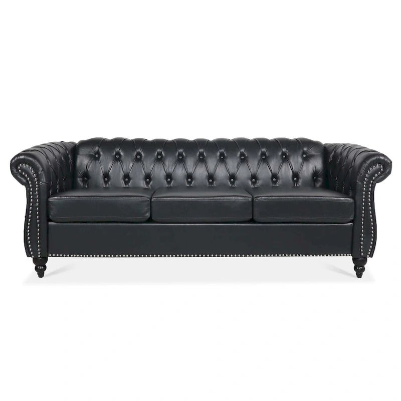 Faux Leather Rolled Arm Chesterfield Three Seater Sofa