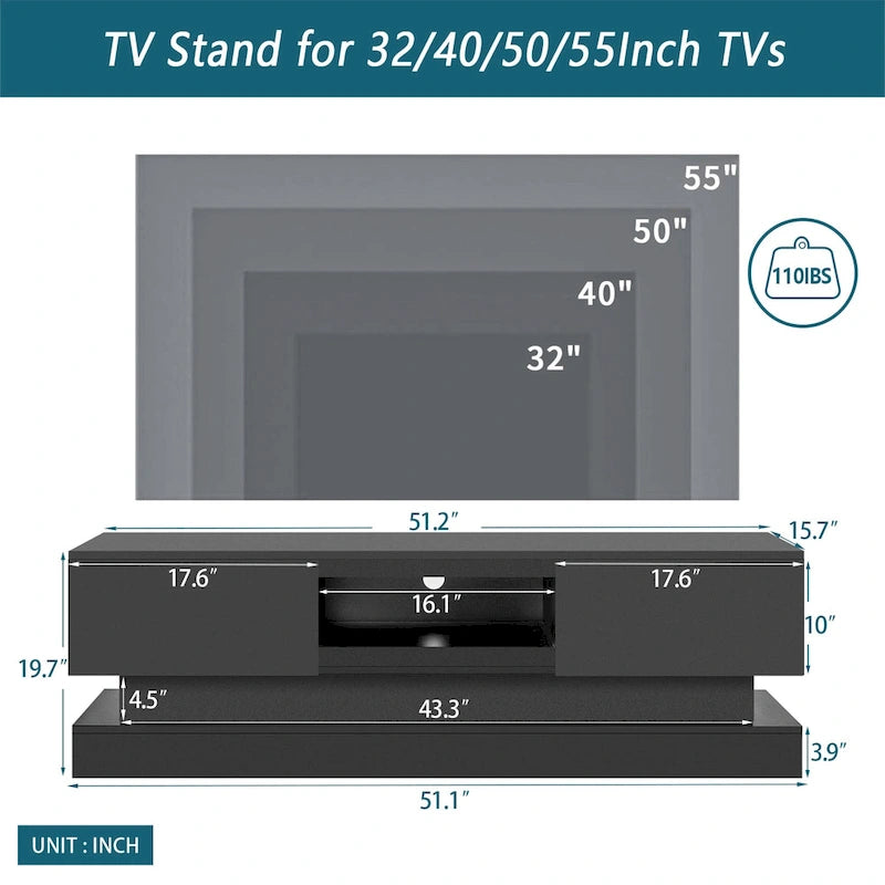 High Glossy Front Modern TV Stand With LED Lights - 15.75 x 51.18 x 19.68