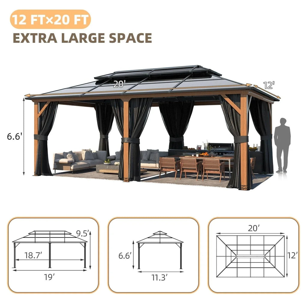 EROMMY Gazebo a tetto rigido, Pergola da esterno con doppio tetto, zanzariere e tende, Tenda da sole resistente per patio, cortile, feste in piscina