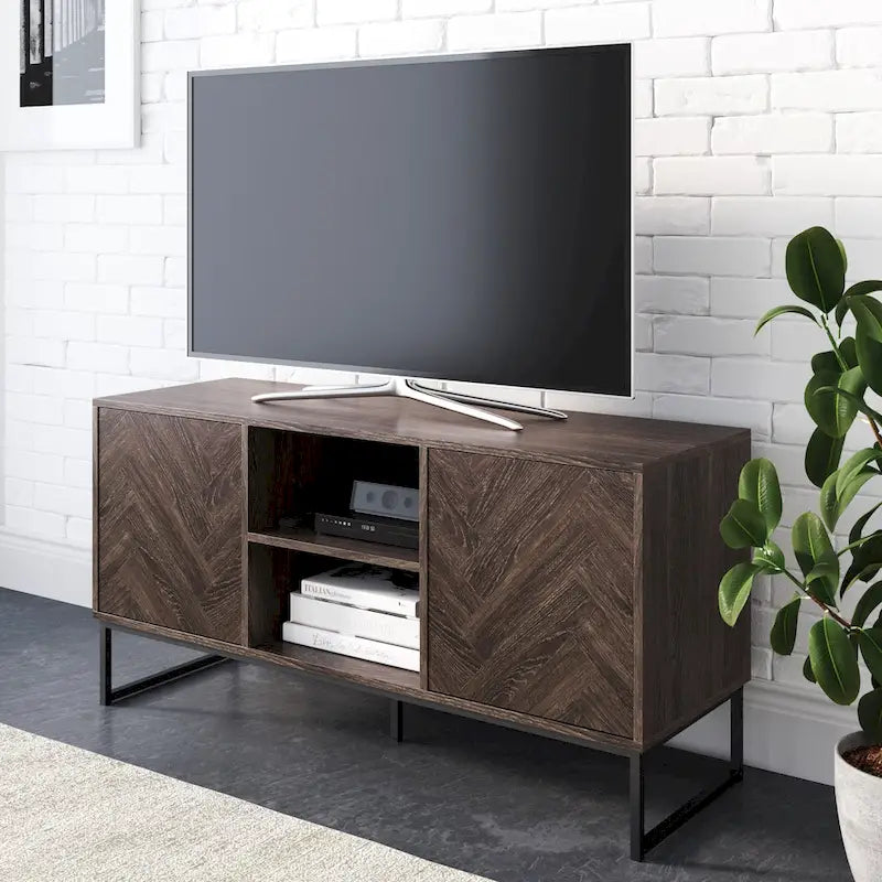 Mobile TV Nathan James Dylan con ripiano, contenitore nascosto, motivo a spina di pesce, legno e metallo - 119 cm di larghezza