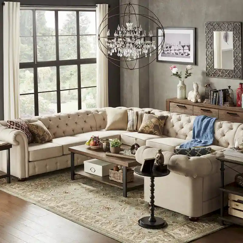 Divano componibile a U Chesterfield con braccioli a voluta e trapuntatura Knightsbridge di iNSPIRE Q Artisan
