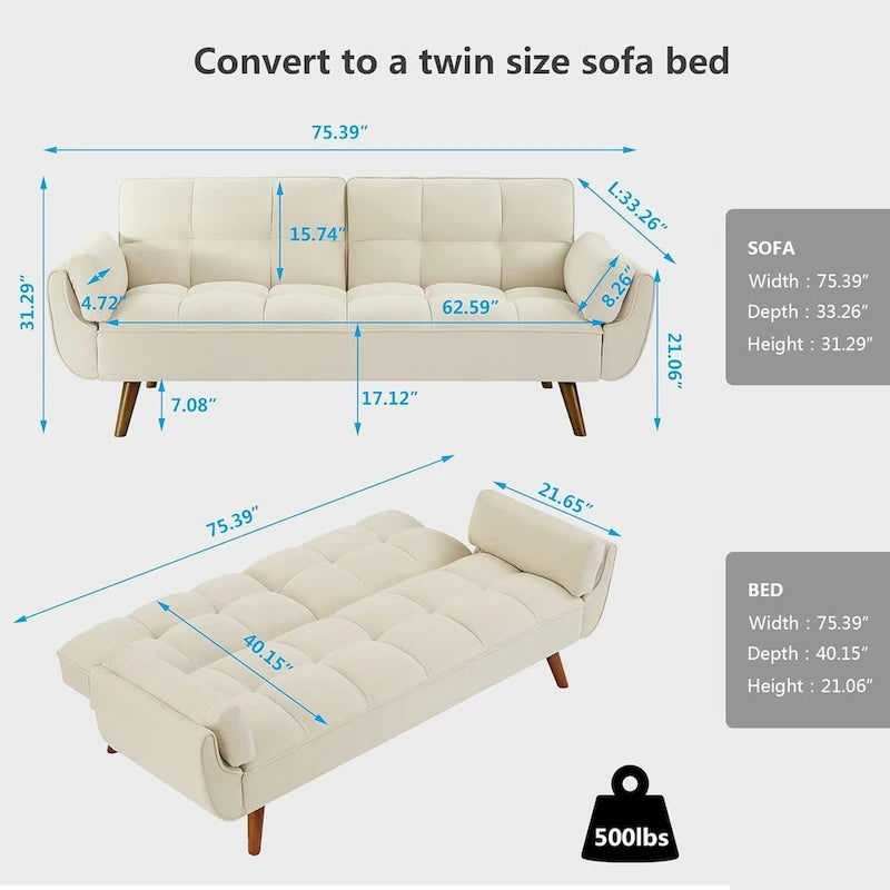 Divano letto futon da 191,5 cm (75,39 pollici), divano letto imbottito convertibile con schienale trapuntato sdoppiato reclinabile