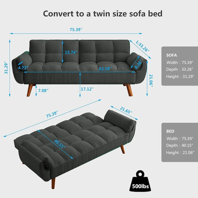 Divano letto futon da 191,5 cm (75,39 pollici), divano letto imbottito convertibile con schienale trapuntato sdoppiato reclinabile