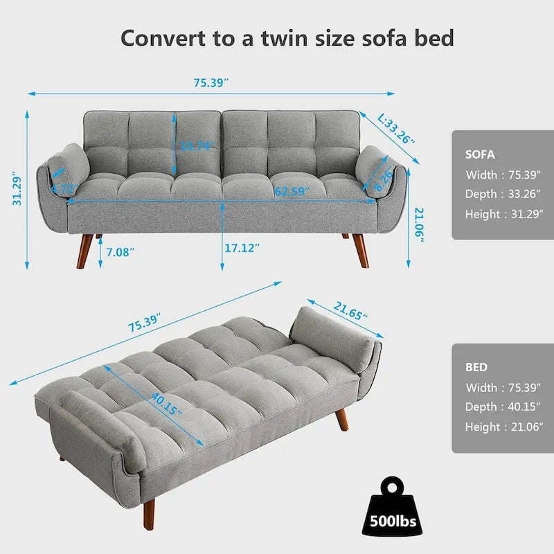 Divano letto futon da 191,5 cm (75,39 pollici), divano letto imbottito convertibile con schienale trapuntato sdoppiato reclinabile