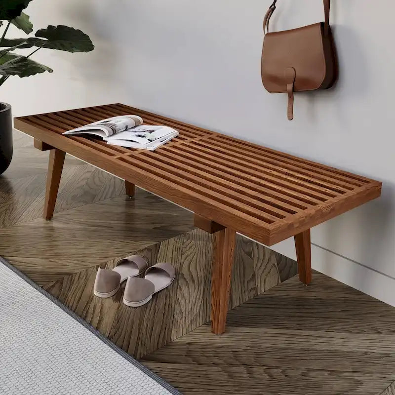Panca da Ingresso Rettangolare da 48 pollici in Legno Naturale Design a Doghe Moderno per Soggiorno Casa e Ufficio