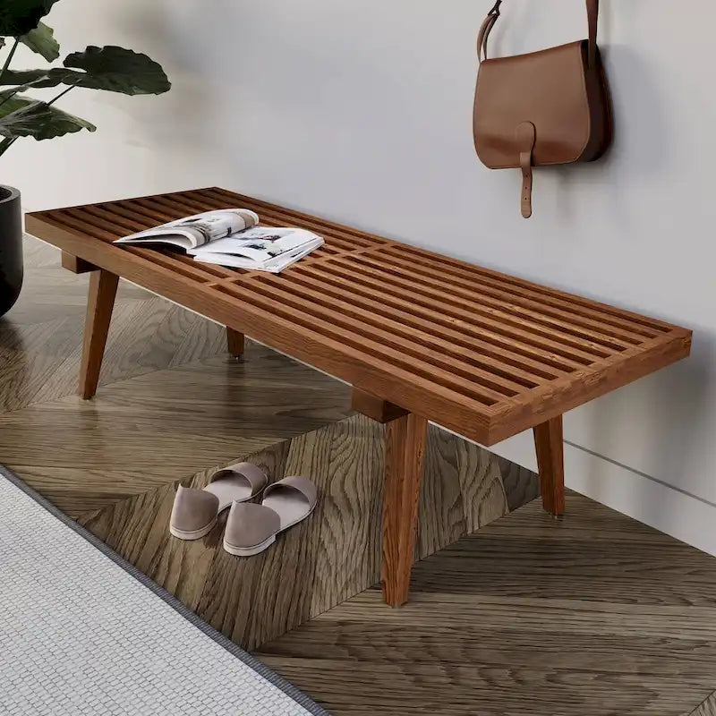 Panca da Ingresso Rettangolare da 48 pollici in Legno Naturale Design a Doghe Moderno per Soggiorno Casa e Ufficio