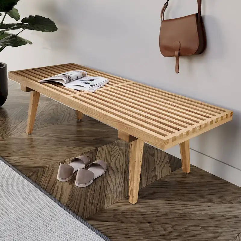 Panca da Ingresso Rettangolare da 48 pollici in Legno Naturale Design a Doghe Moderno per Soggiorno Casa e Ufficio