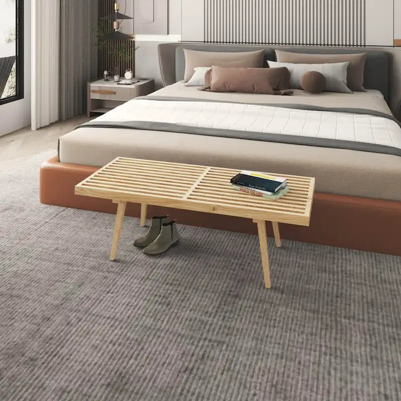Panca da Ingresso Rettangolare da 48 pollici in Legno Naturale Design a Doghe Moderno per Soggiorno Casa e Ufficio