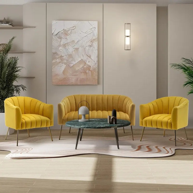 SEYNAR Modern Velvet Upholstered 3 Piece Living Room Set with Golden Legs