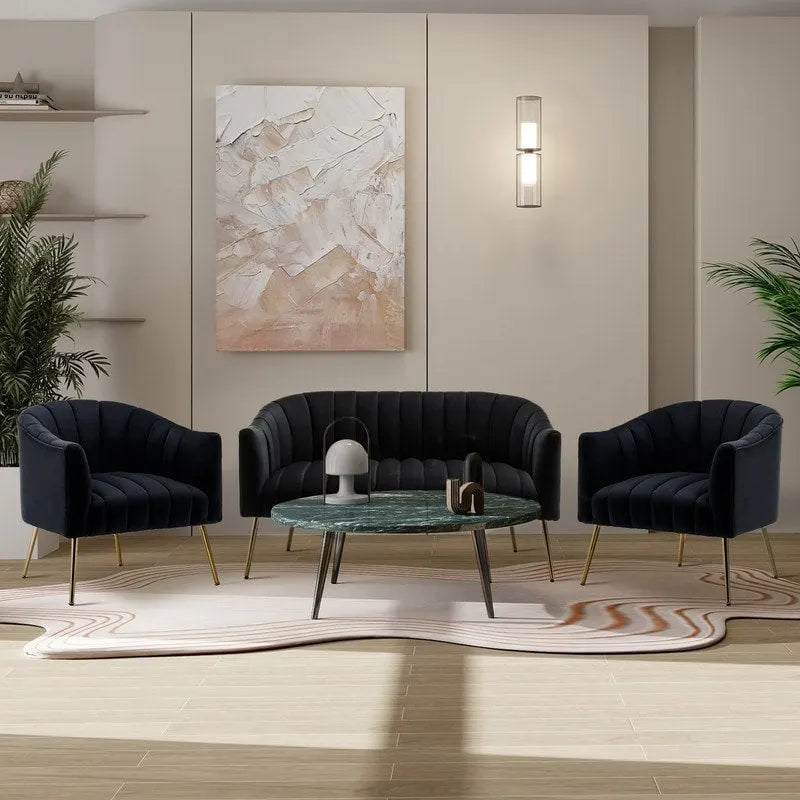 SEYNAR Modern Velvet Upholstered 3 Piece Living Room Set with Golden Legs