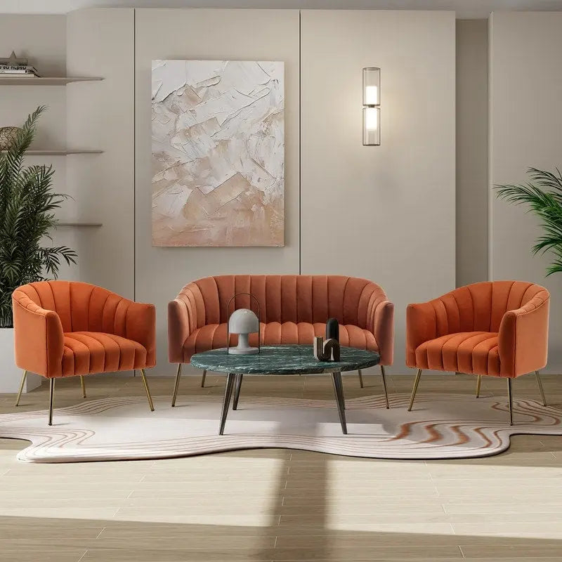 SEYNAR Modern Velvet Upholstered 3 Piece Living Room Set with Golden Legs
