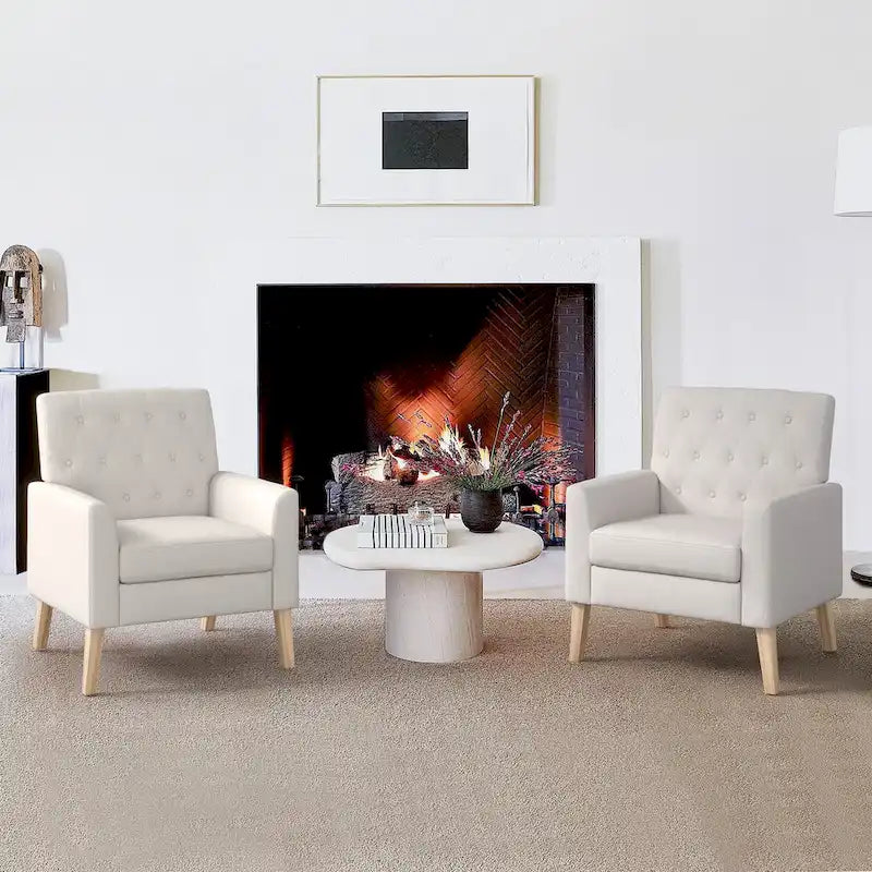 LUE BONA Linen and Walnut Legs Mid Century Modern Button Tufted Accent Chair (Set of 2) - 33.86 H X 27.95 W X 29.53 D