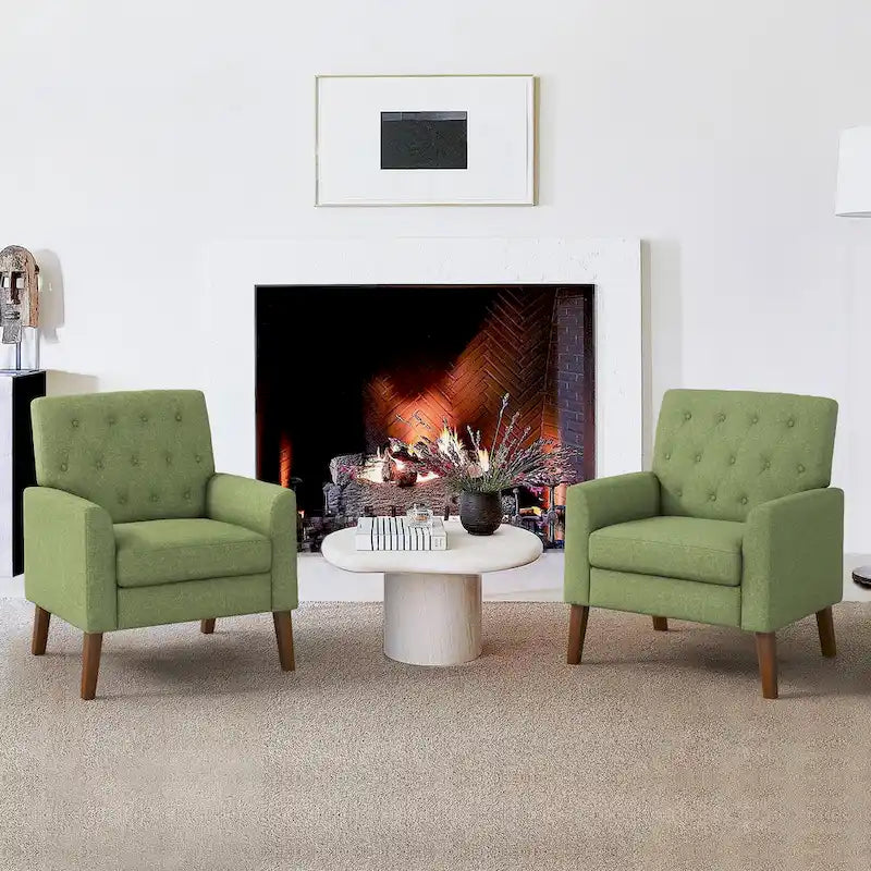 LUE BONA Linen and Walnut Legs Mid Century Modern Button Tufted Accent Chair (Set of 2) - 33.86 H X 27.95 W X 29.53 D
