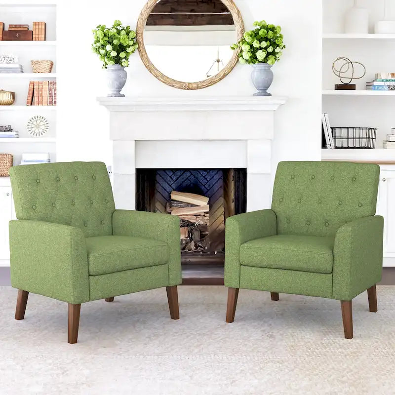 LUE BONA Linen and Walnut Legs Mid Century Modern Button Tufted Accent Chair (Set of 2) - 33.86 H X 27.95 W X 29.53 D