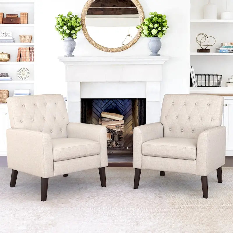 LUE BONA Linen and Walnut Legs Mid Century Modern Button Tufted Accent Chair (Set of 2) - 33.86 H X 27.95 W X 29.53 D