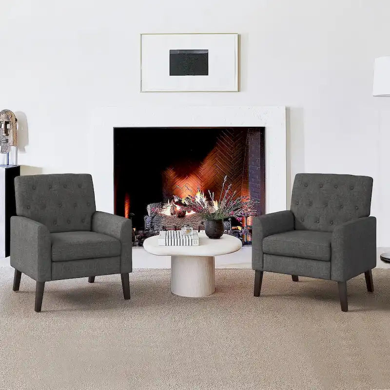 LUE BONA Linen and Walnut Legs Mid Century Modern Button Tufted Accent Chair (Set of 2) - 33.86 H X 27.95 W X 29.53 D