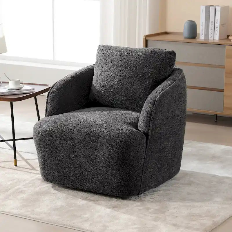 Boucle Fabric Upholstered Swivel Barrel Armchair With Pillow