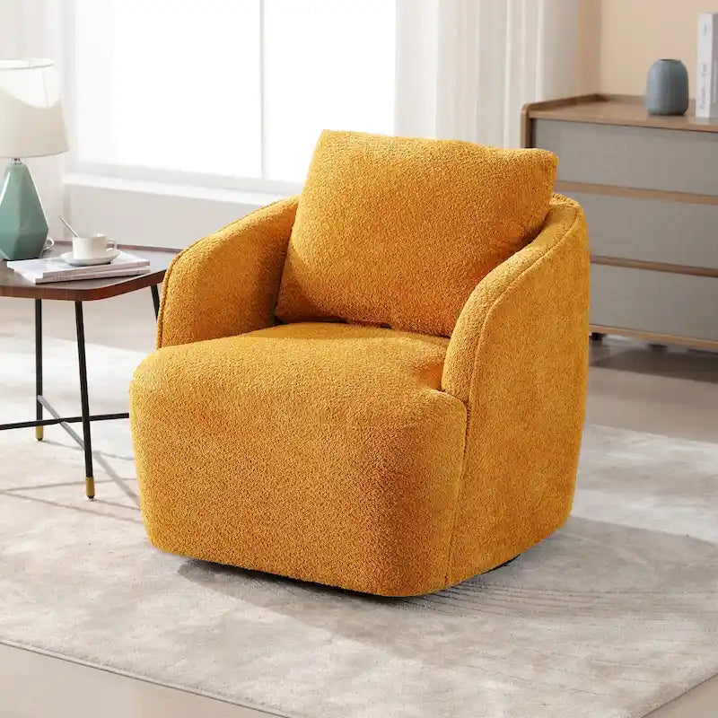 Boucle Fabric Upholstered Swivel Barrel Armchair With Pillow