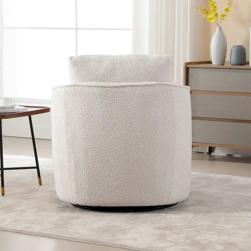 Boucle Fabric Upholstered Swivel Barrel Armchair With Pillow