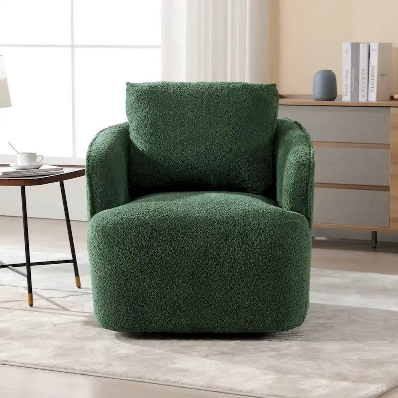 Boucle Fabric Upholstered Swivel Barrel Armchair With Pillow