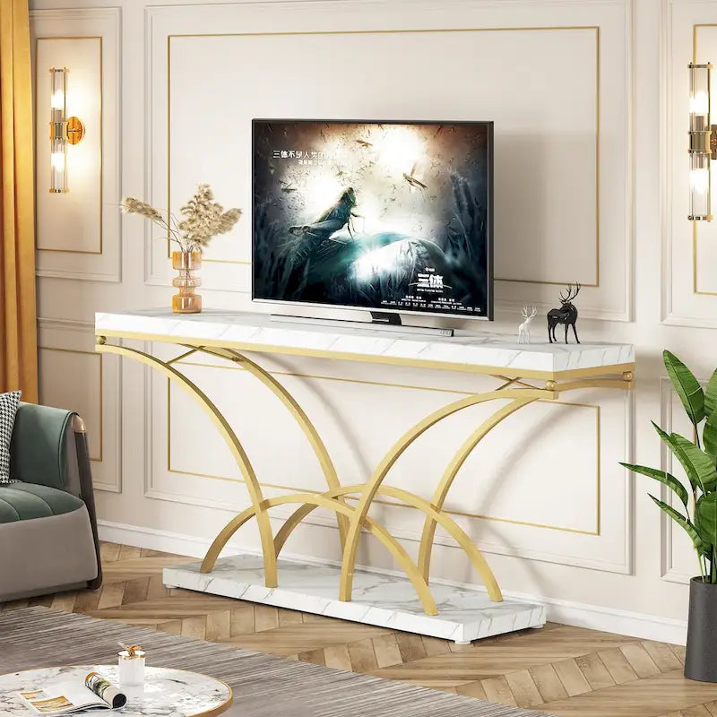 70.9 Inch Long Console Table for Entryway,Gold Sofa Table with White Faux Marble Tabletop
