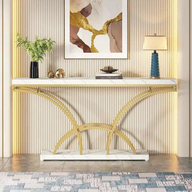 70.9 Inch Long Console Table for Entryway,Gold Sofa Table with White Faux Marble Tabletop