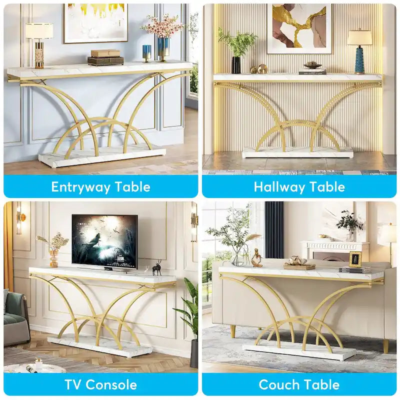 70.9 Inch Long Console Table for Entryway,Gold Sofa Table with White Faux Marble Tabletop