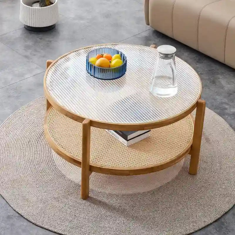 Tavolino da Caffè Moderno Minimalista con Doppia Mensola Circolare in Vetro e Legno Massello