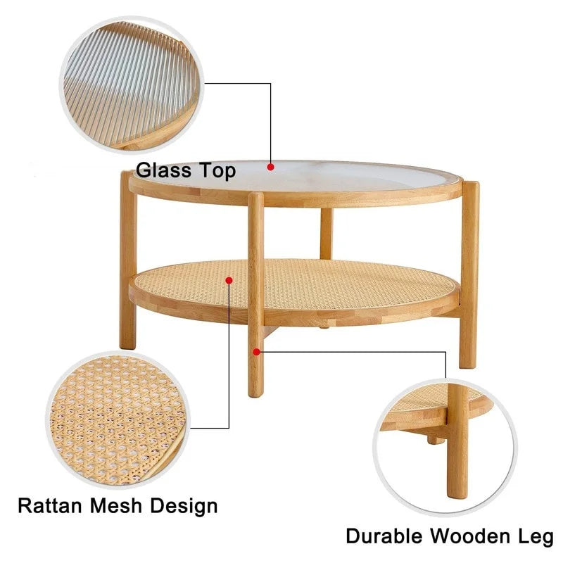 Tavolino da Caffè Moderno Minimalista con Doppia Mensola Circolare in Vetro e Legno Massello
