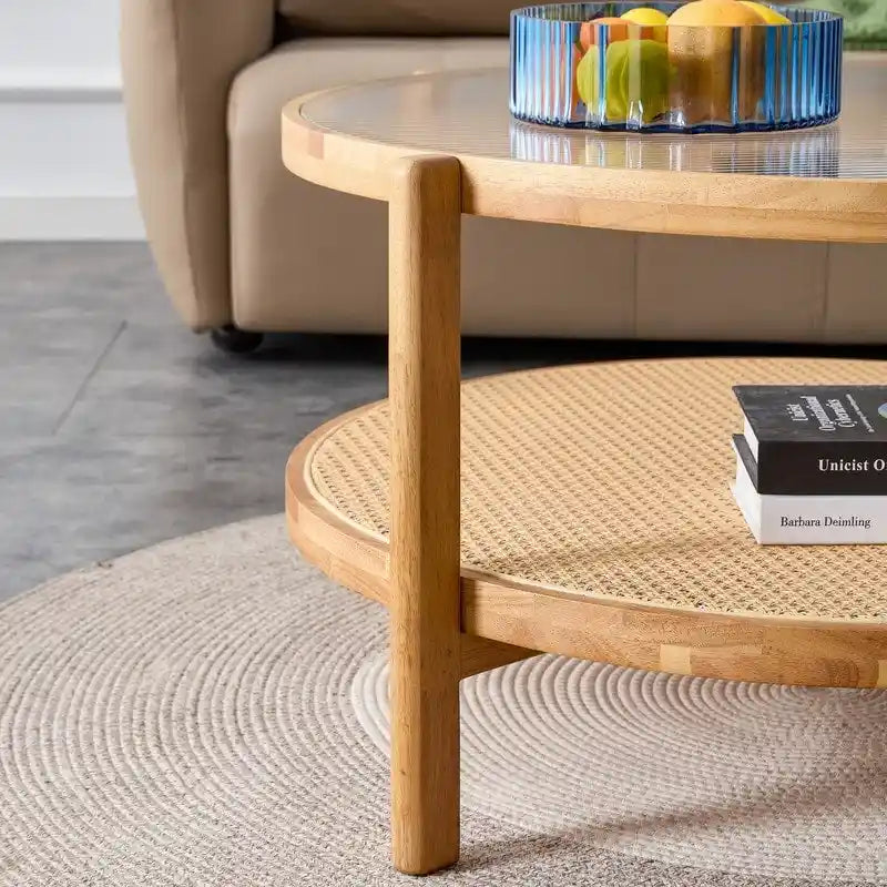 Tavolino da Caffè Moderno Minimalista con Doppia Mensola Circolare in Vetro e Legno Massello