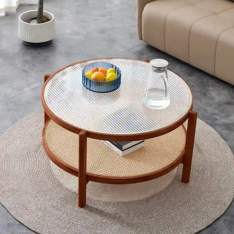 Tavolino da Caffè Moderno Minimalista con Doppia Mensola Circolare in Vetro e Legno Massello