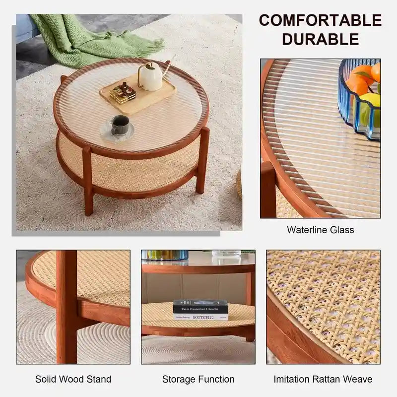 Tavolino da Caffè Moderno Minimalista con Doppia Mensola Circolare in Vetro e Legno Massello