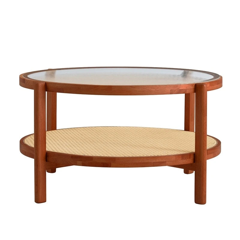 Tavolino da Caffè Moderno Minimalista con Doppia Mensola Circolare in Vetro e Legno Massello