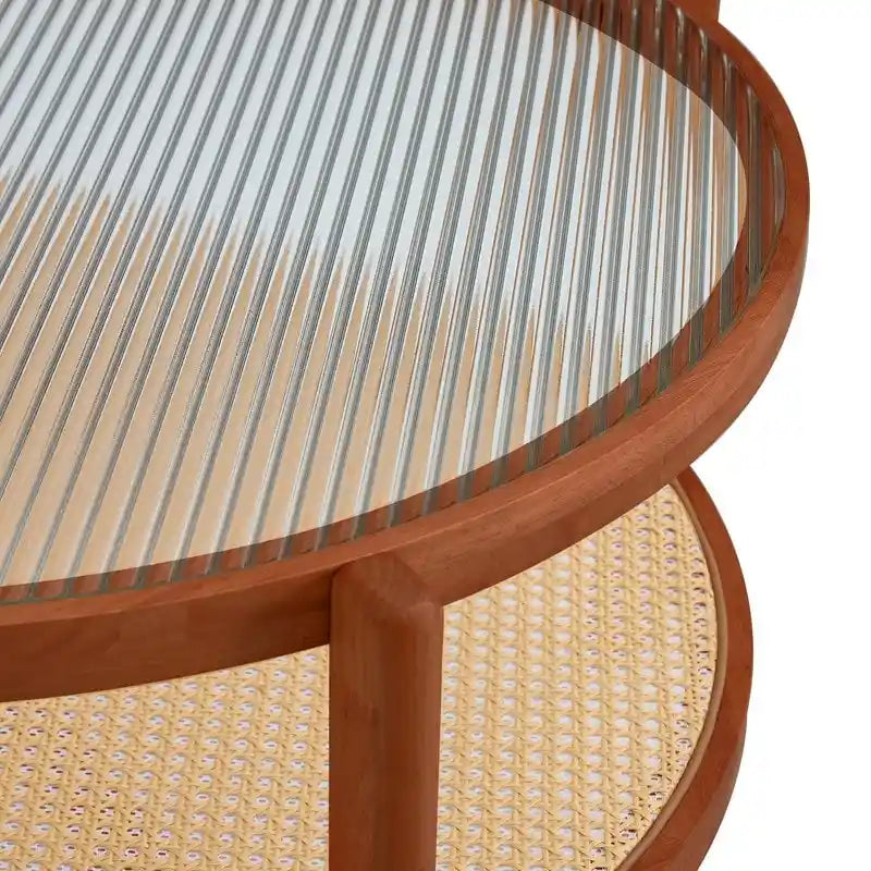 Tavolino da Caffè Moderno Minimalista con Doppia Mensola Circolare in Vetro e Legno Massello