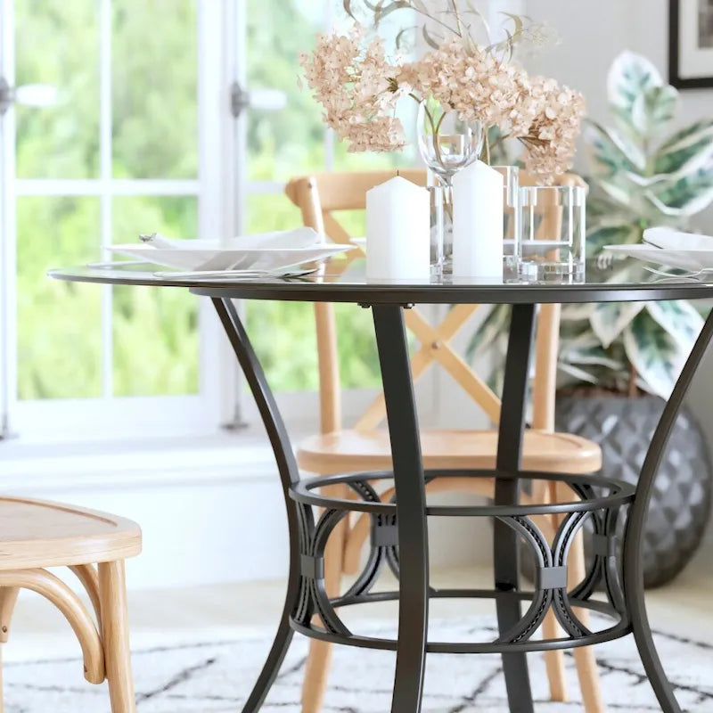 42 Round Glass Dining Table with Crescent Style Metal Frame